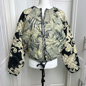 H&M Black and Cream Quilted Floral Bomber Jacket